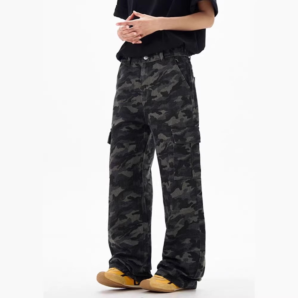 Men's Camouflage Wide Leg Pants Street Style Hip Hop Loose Fit Straight Leg Slightly Flared Cargo Jeans Trendy Brand Blue mid Waist_mkmklike.com