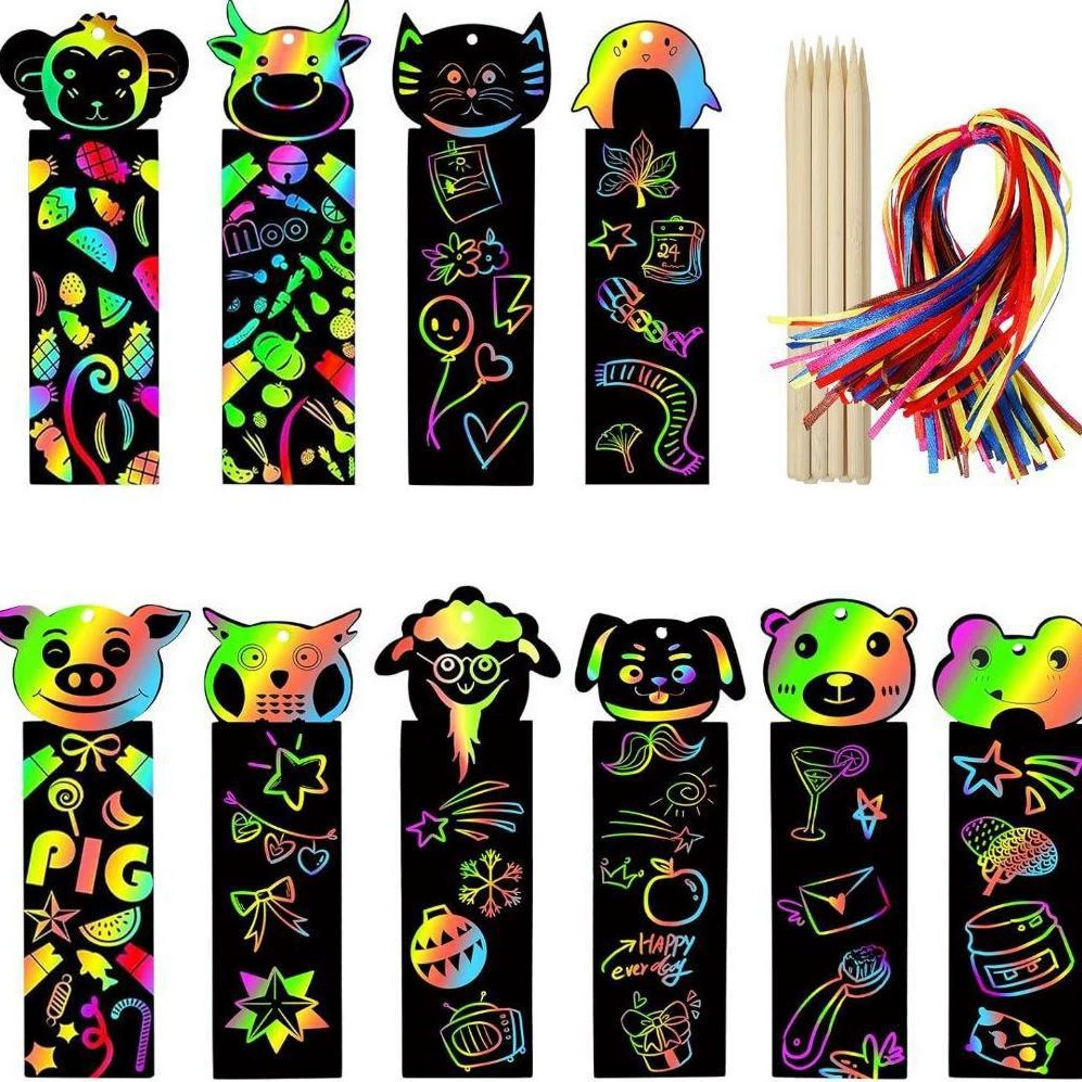 Кросс-бордерные разноцветные скретч-закладки с животными, ручная работа, скетчинг, бумага для рисования, детский творческий подарок, подвеска, оптом