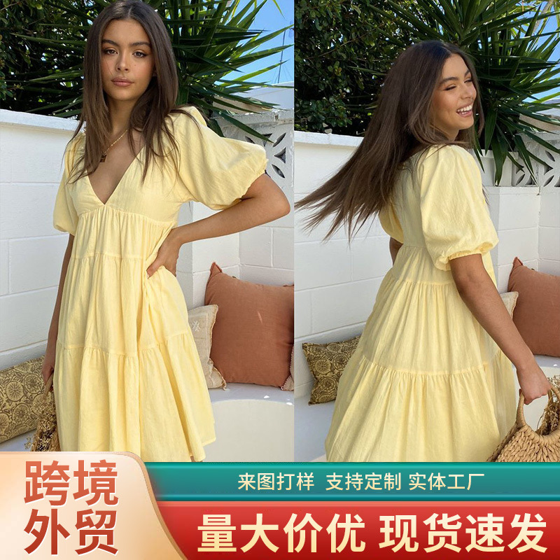 European and American Fashion Cross-Border Women's Spring and Summer New Pure Color Casual V Neck Loose Waist Puff Sleeves Large Hem Dress Short European and American Fashion Cross-Border Women's Spring and Summer New Pure Color Casual V Neck Loose Waist Puff Sleeves Large Hem Dress Short