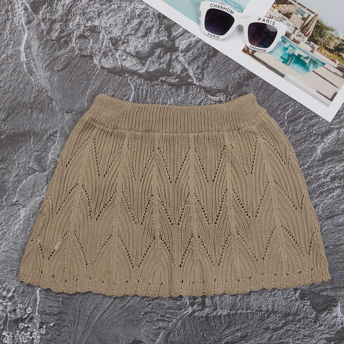 2024 europeo y americano nuevo traje de baño de las mujeres de color sólido sexy de punto hueco playa bikini Falda Mujer transfronteriza Amazon