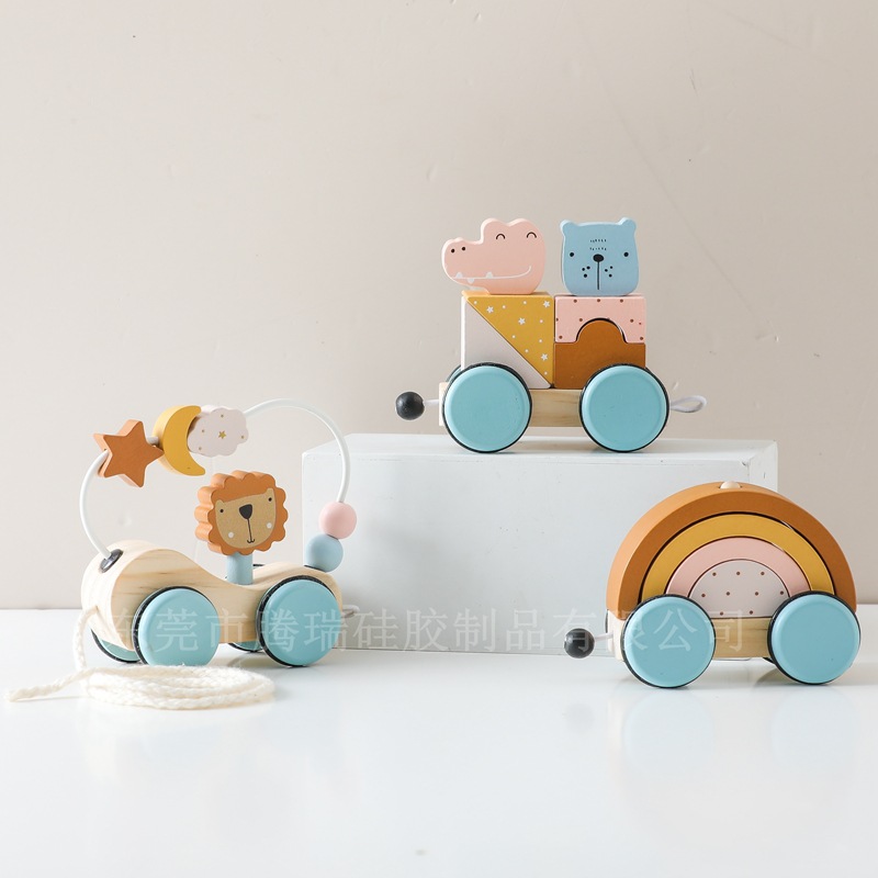 Tren de bloques de construcción de animales educativos para niños, juegos de combinación de formas de educación temprana, postes, cuentas, cuerdas, carros, juguetes Jenga