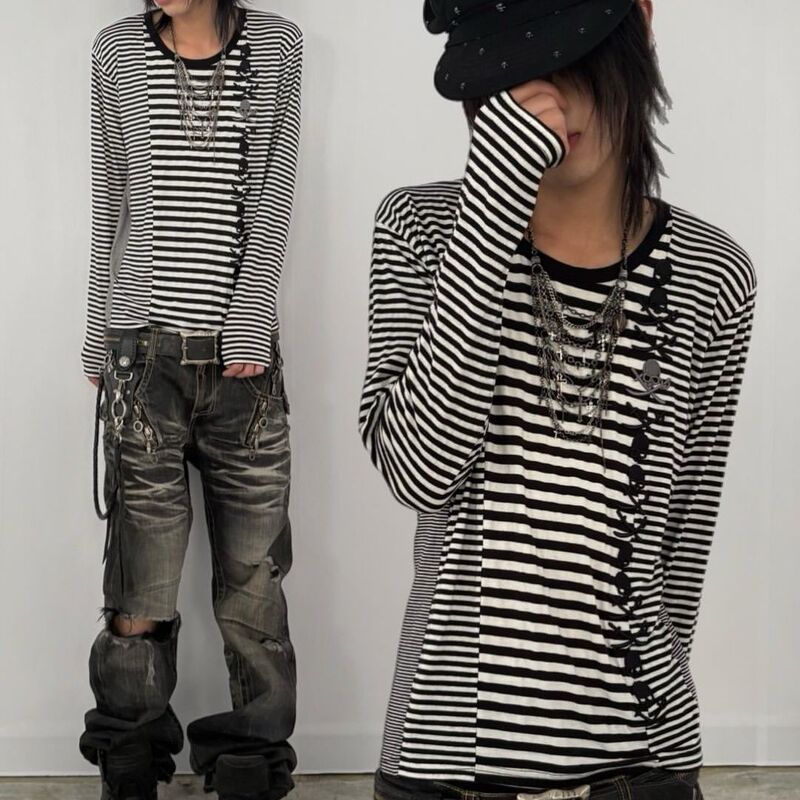 Subculture dark punk style skull print striped long-sleeve T-shirt, American retro street fashion top, autumn collection