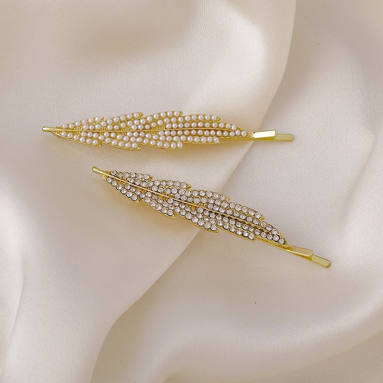 Fashion Feather Leaf Pearl Rhinestone Side Clip display picture 1