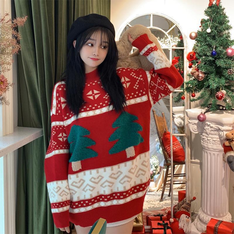 2025 New Christmas Atmosphere Red Knitwear Women's Autumn and Winter Lazy Style Round Neck Pullover Long-Sleeved Knitwear Top