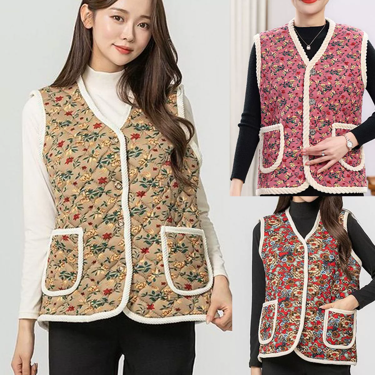 Женский хлопковый жилет для мам среднего и пожилого возраста, осенне-зимний жилет на флисовой подкладке с цветочным принтом, новая теплая хлопковая куртка, бабушкин жилет без рукавов.