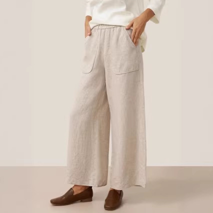 跨境速卖通独立站欧美女装棉麻阔腿裤中腰休闲裤大口袋长裤女裤