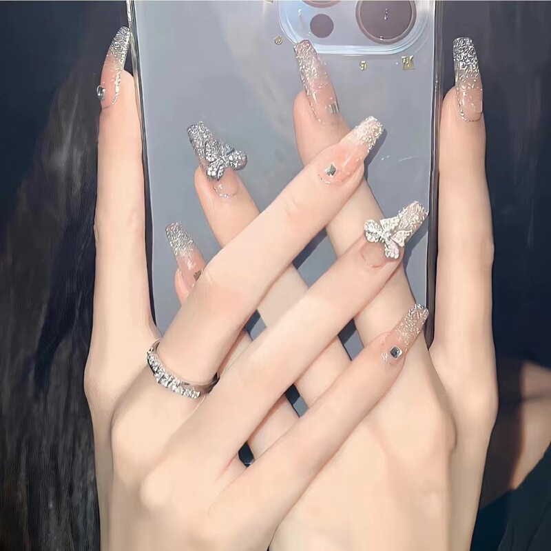 Cross-Border Wearable Nails Removable Diamond Sparkling Bow Nail Stickers Long White Glitter Fake Nail Stickers