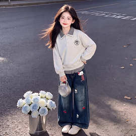2026女童春秋新款假两件上衣Kitty凯蒂猫挂件牛仔长裤套装潮