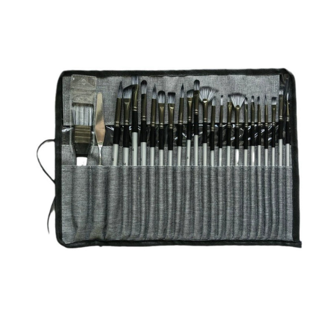 Cross-border Wholesale Nylon Hair Paint Brush Set for Art Students Gouache Watercolor Acrylic Oil Painting Brushes 24-Piece Set with Canvas Bag