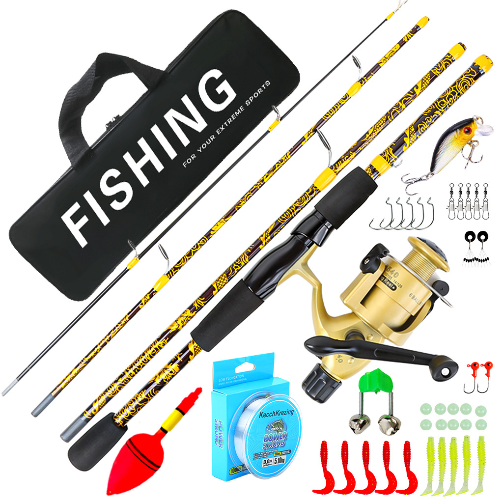 1.8M Golden Pattern Spinning Rod and Reel Set, Complete Fishing Gear with Bag, Cross-Border Supply