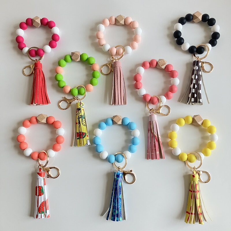 New Silicone Bead Bracelet Keychain, Wooden Bead Bracelet Keyring, Western Cowboy Bracelet, Silicone Octagonal Bead Bracelet