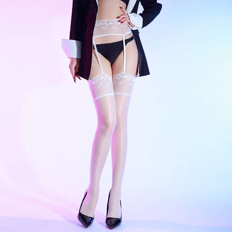 Sexy Oily One-Piece Suspender Stockings Ultra-Thin Aurora Silky Small Butterfly Lace Oily Pure Lust Black Stockings