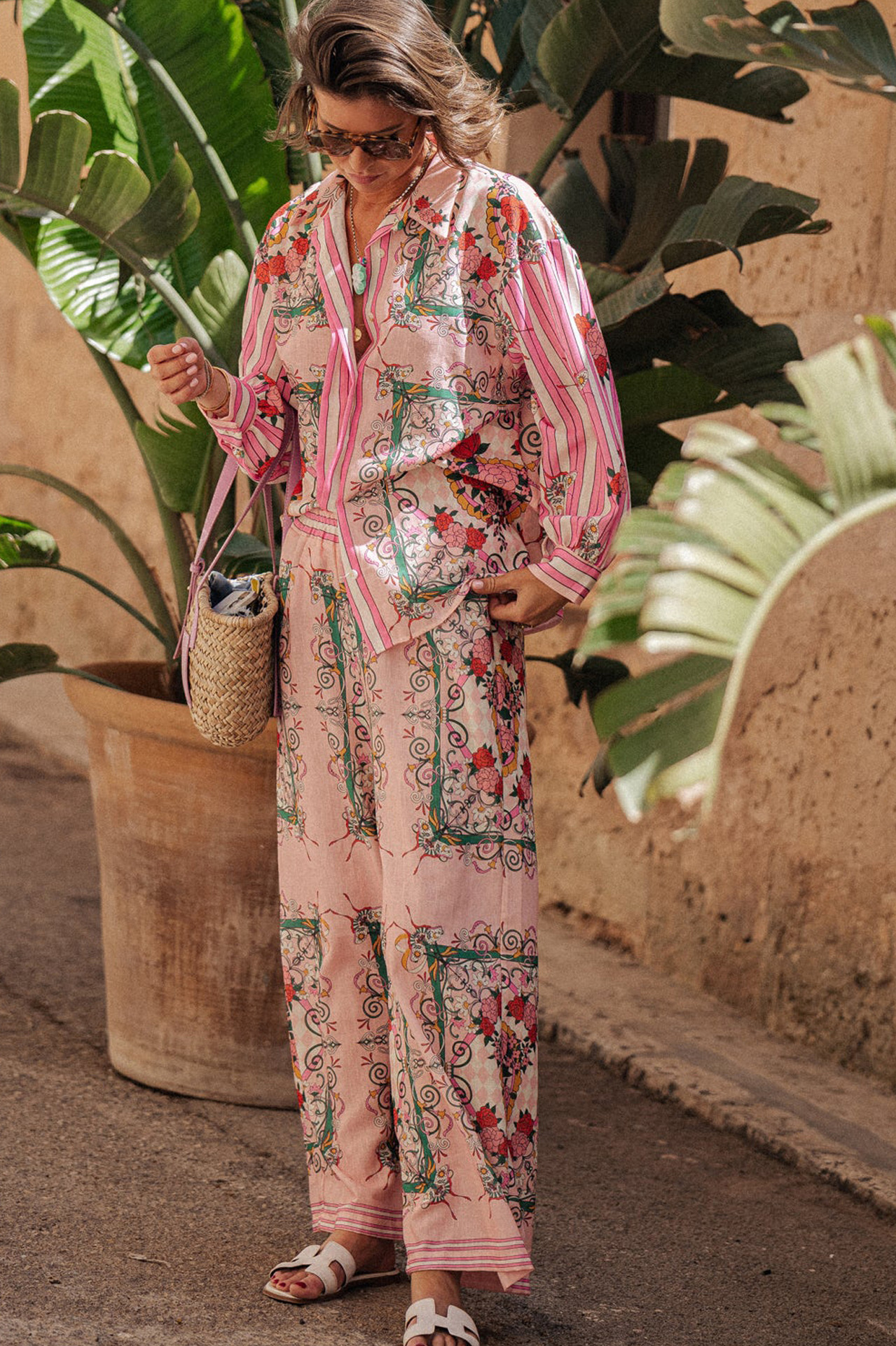 Polyester Fabric Type Holiday Women's Casual Streetwear Stripe Flower Polyester Printing Button Pant Co-ord Set Pants Sets