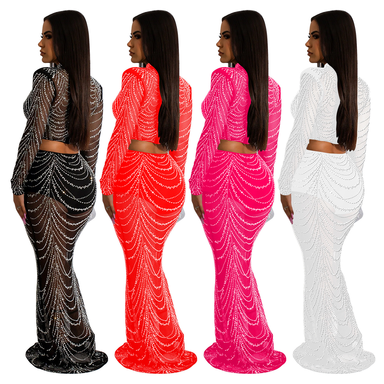 C6318 transfronteriza AliExpress Amazon ropa de mujer de moda europea y americana malla de color sólido rhinestone Vestido de manga larga conjunto de dos piezas