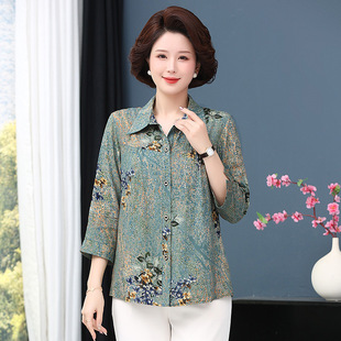 2025 Middle-aged and Elderly Cotton Silk Shirt Women's Long-sleeved Mother's Artificial Cotton Shirt Plus Size Spring and Summer Loose Top
