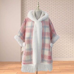Autumn and Winter fleece-lined Thickened Hooded Poncho Shawl Mid-length Vintage Tassel Large Fur Collar Pocket Woolen Coat