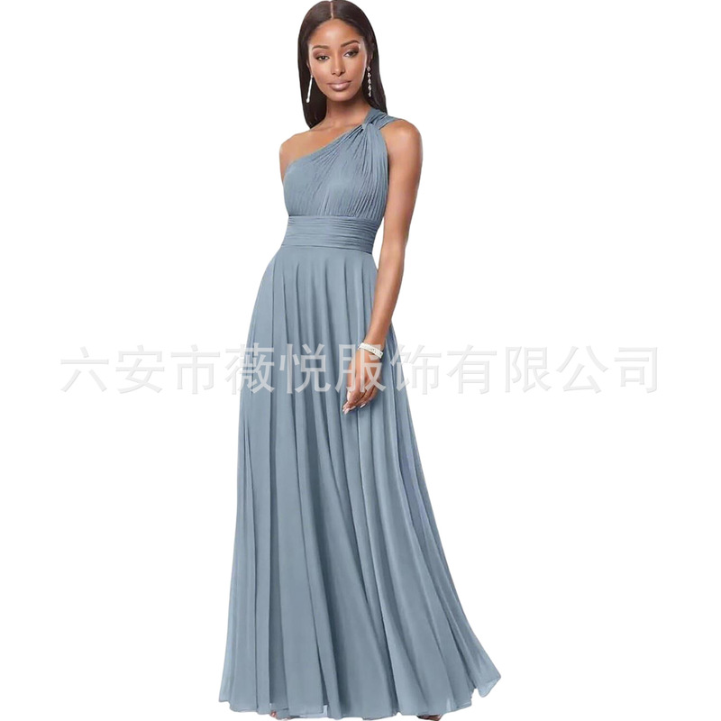 Amazon Foreign Trade Forest-Style Simple One-Shoulder Dress European and American Women's New Fashion Wedding Ball Party Long Dress