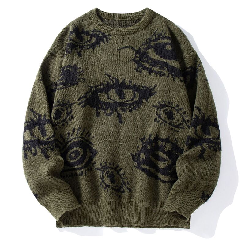 European and American foreign trade round neck long sleeve loose sweater sweater jacquard eye pattern personalized warm a generation of hair