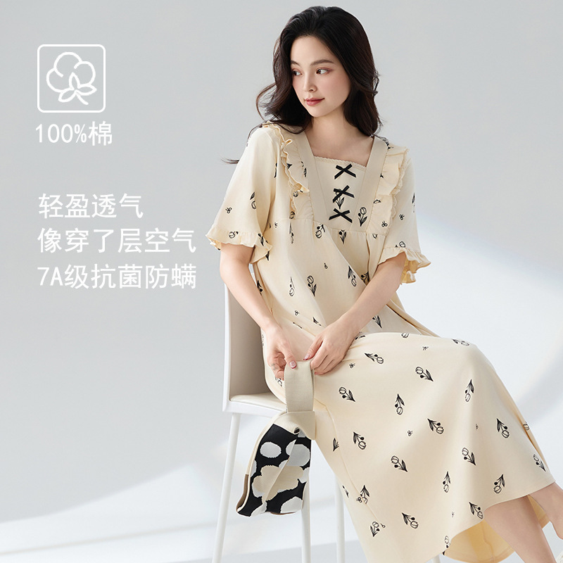 クラス A 抗菌ナイトガウン女性の夏の純粋な綿の半袖ドレスロングプラスサイズは外で着用できます女性のための綿のパジャマ|undefined