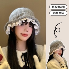 渔夫帽女秋冬季韩系蕾丝花边针织显脸小盆帽大头围时尚百搭毛线帽