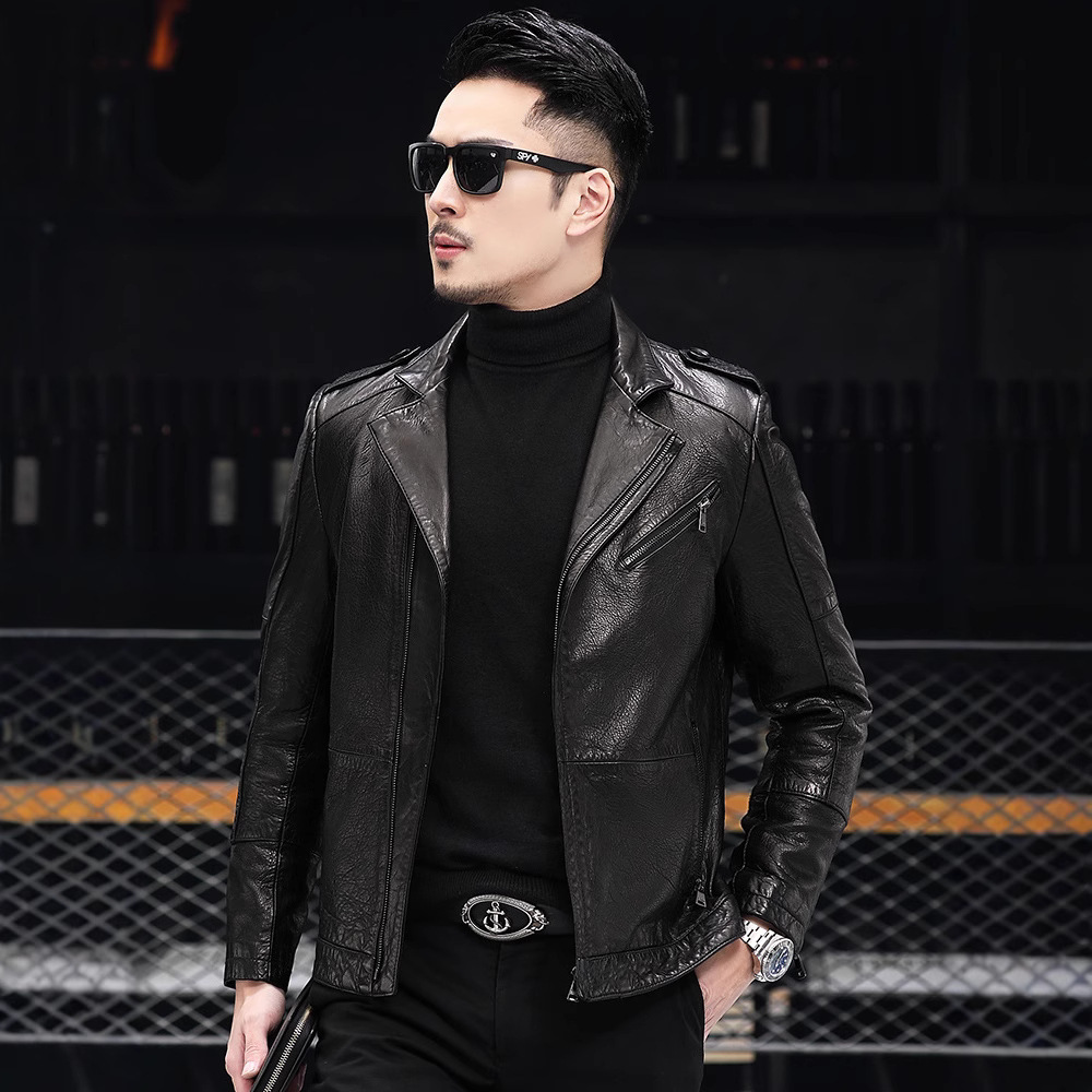 Spring and Autumn New Men's Genuine Leather Dress Collar Leather Jacket Coat Slim Fit Oil Wax Cowhide Fashionable Handsome