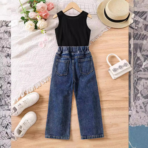 European and American cross-border children's clothing: girls' summer striped solid color sleeveless off-shoulder pullover with ripped denim long pants two-piece set