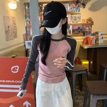 好物美式早秋2025韩版撞色修身插肩杠条设计感长袖T恤女装上衣潮