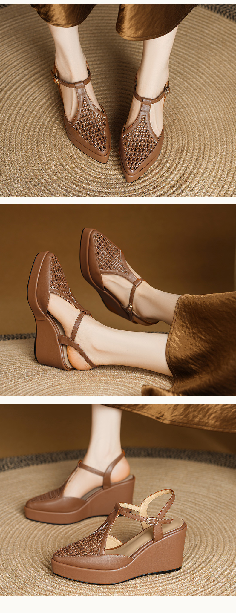 Sandal nữ bít mũi đế xuồng cao gót da thật dệt đan phong cách La Mã — Màu nâu, Màu trắng be chi tiết 4