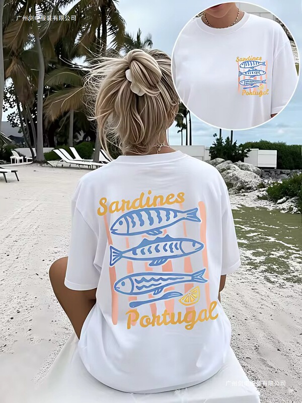 Vintage Portuguese Sardine T-Shirt for Women, Aesthetic Sea Fish Graphic T-Shirt, Summer Fashion Casual Short-Sleeve Harajuku Style