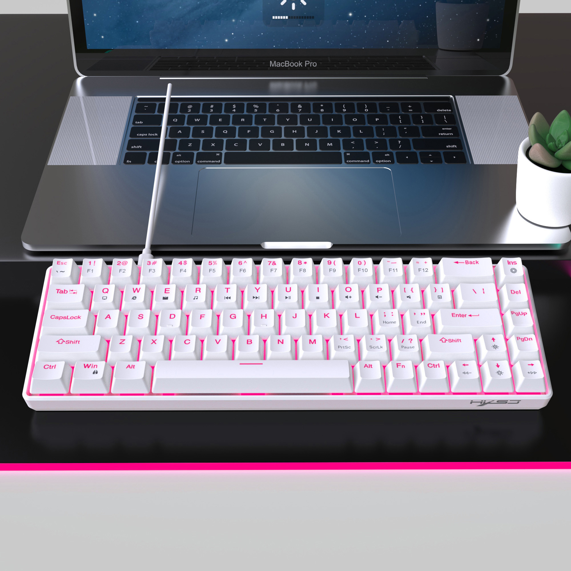 68 mechanical with separated and unplugged key wires, red axis dual color injection molded keycaps, pink lighting, wired_voghion.com