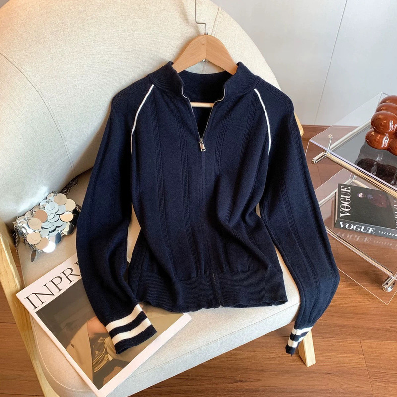 Autumn and Winter New 2025 Contrast Zipper Baseball Uniform Knitted Cardigan Women's Age-Reducing Fashion Jacket Top