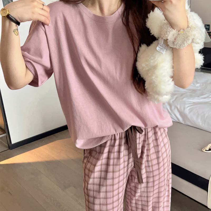 2026 New Summer Style Korean Style Plaid Pants Pajamas, Summer Casual Wearable Women's Home Wear Pajama Set 2026 New Summer Style Korean Style Plaid Pants Pajamas, Summer Casual Wearable Women's Home Wear Pajama Set