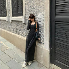 新品亚马逊欧美黑色方领包臀长裙女秋冬款配大衣的内搭针织连衣裙