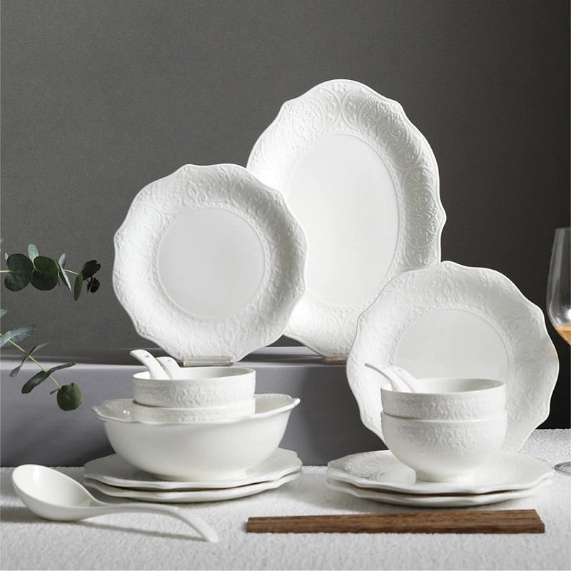 Ceramic Tableware Set (Alice) — Relief Carving, Solid White Western Dinnerware, Multi-Piece Options