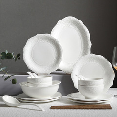 Alice ceramic tableware embossed Western food bowls and plates set solid color high-value rice bowl dish plate set