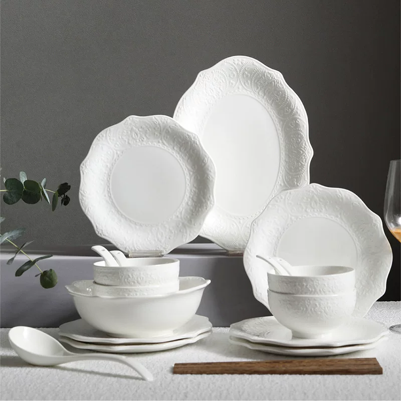 Ceramic Tableware Set (Alice) — Relief Carving, Solid White Western Dinnerware, Multi-Piece Options