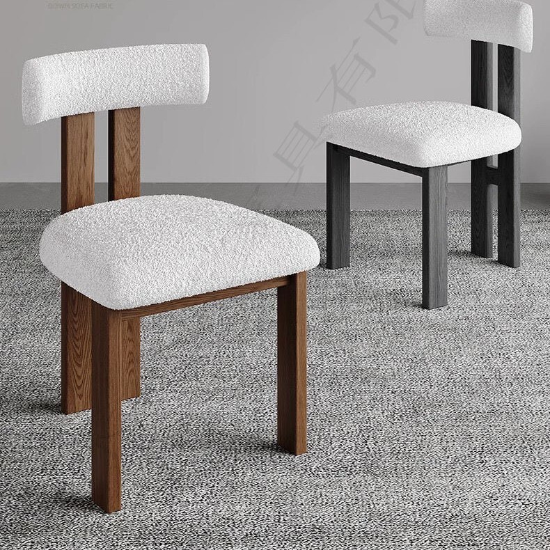 Vintage Dining Chair with Lamb Wool and Solid Wood Backrest, Simple Soft Upholstery, Nordic Style for Home Dining Room, Customizable