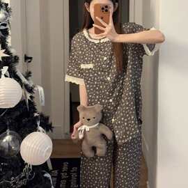 韩系碎花蕾丝睡衣女 婴儿棉夏季薄款可外穿家居服两件套