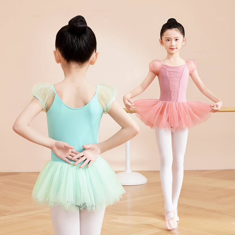 Traje de baile para niños Traje de entrenamiento para niñas de verano Traje de ballet de manga corta Traje de baile de princesa coreana Falda tutú