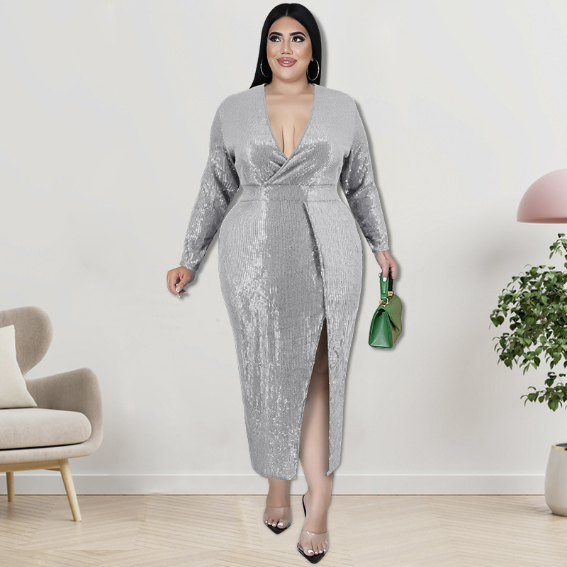 Plus size fluweel bodycon midi jurk met pailletten en v-hals voor dames_voghion.com