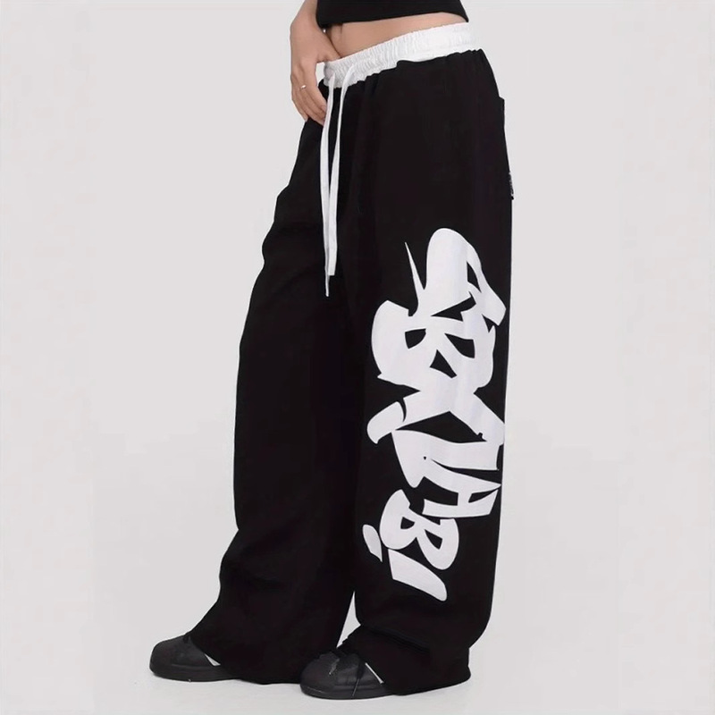 New Y2K Fashion Large Letter Print Black Casual Elastic Waist Jogging Sweatpants Straight Women's Clothing