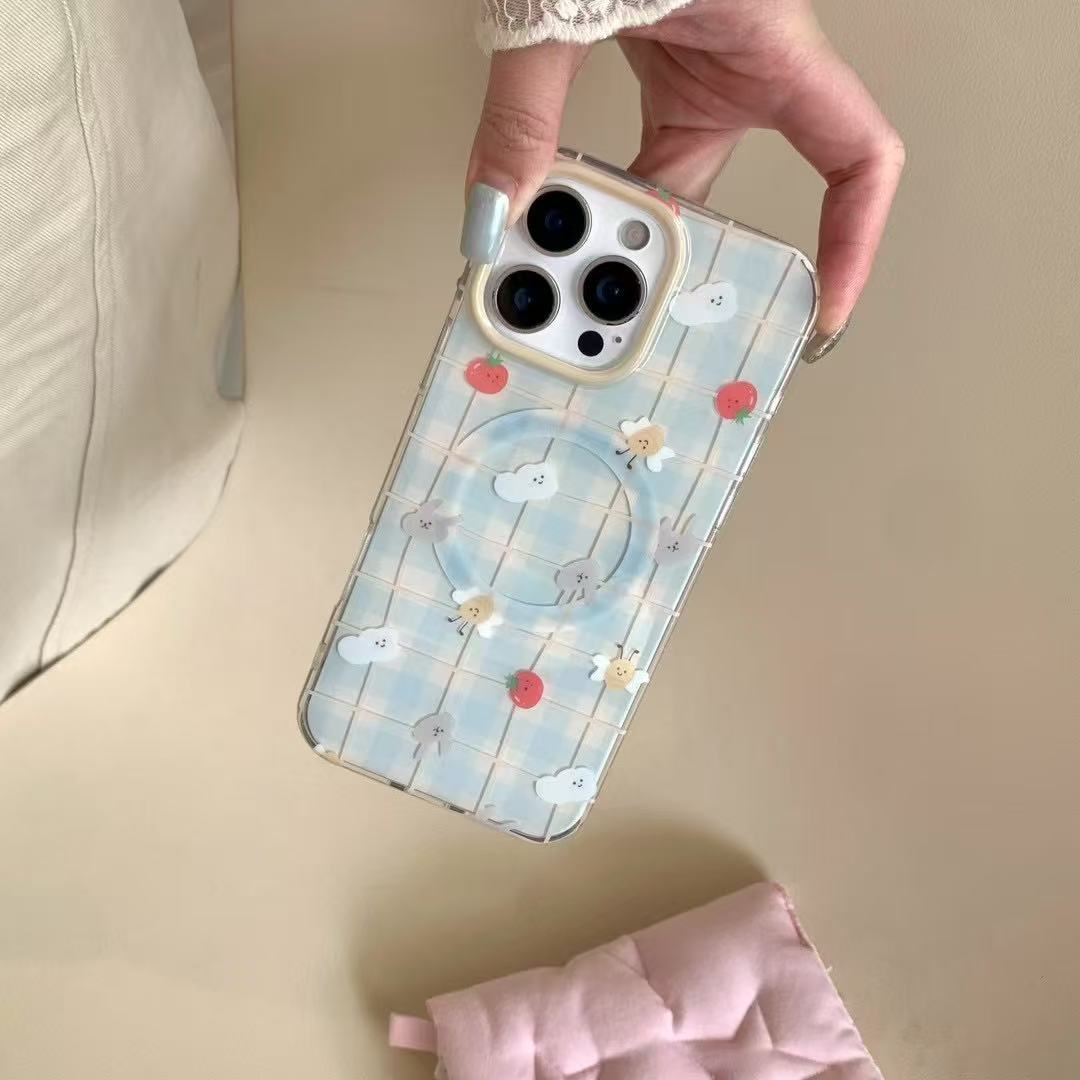 Pequeña miel a cuadros fresca y linda para Apple 16ProMax funda para teléfono móvil 15Pro magnético 14/13 femenino 15PM