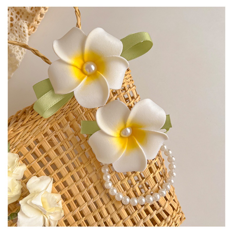 summer cute plumeria rubra barrettes children‘s ribbon pearl bow hair clip female online influencer fresh flowers headdress