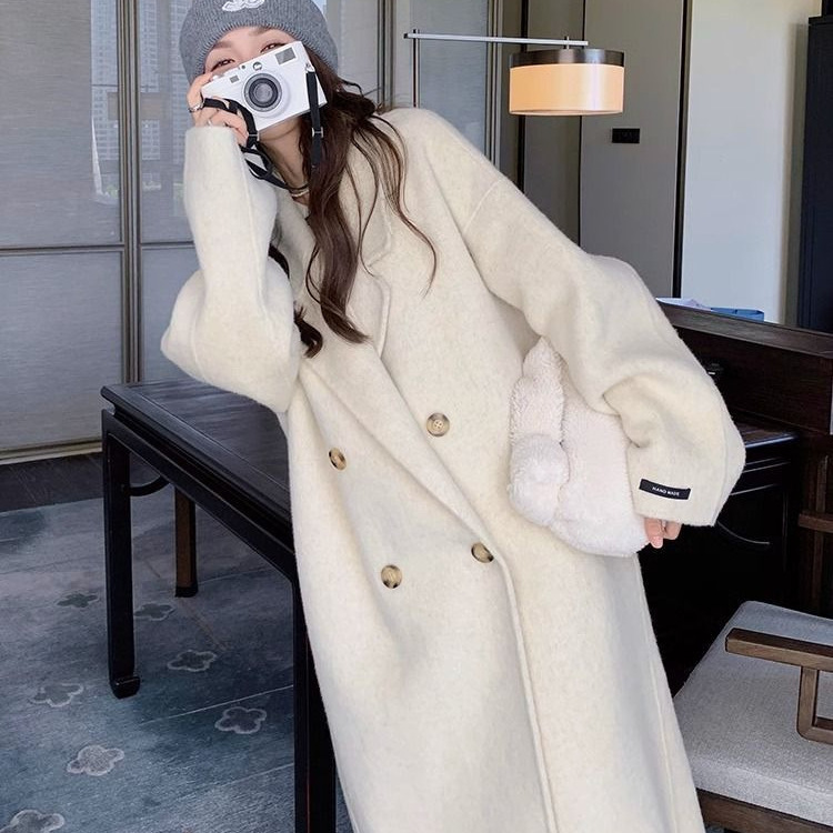 オフホワイトの女性用両面ベルベットコート、膝上、2025秋冬新作、コクーン型韓国風優しいスタイルのウールコート|undefined
