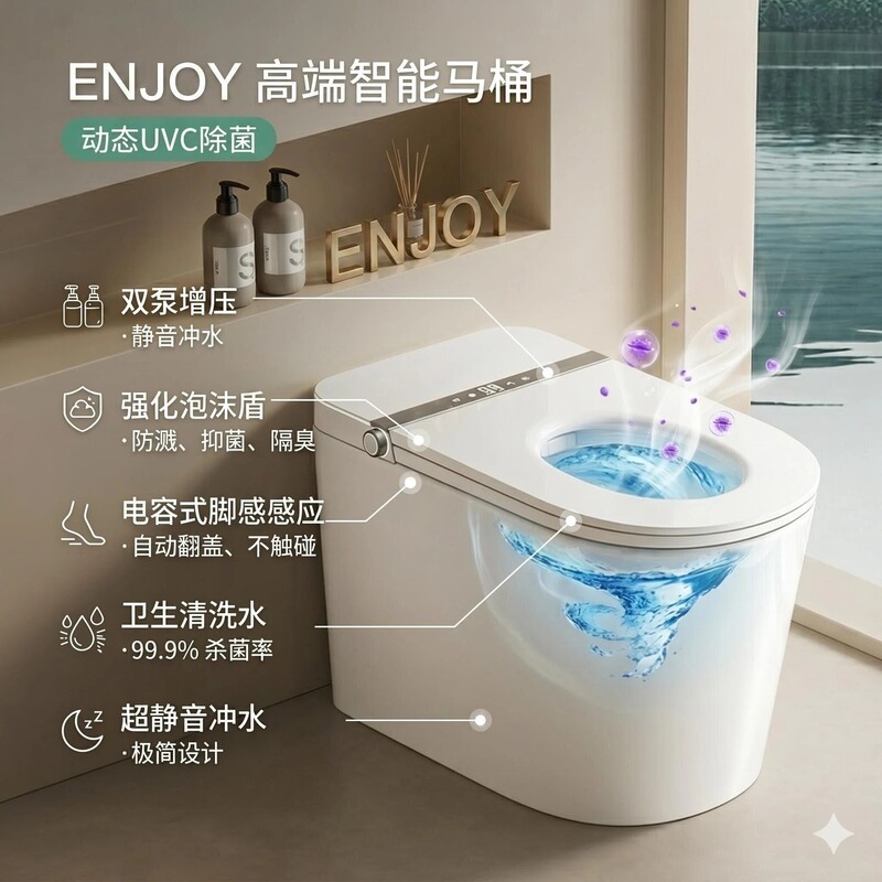 High-Power Dual-Pump Pressurized Toilet with Capacitive Foot Sensor, Fully Automatic Integrated Siphon Dual Waterway Ceramic Smart Toilet