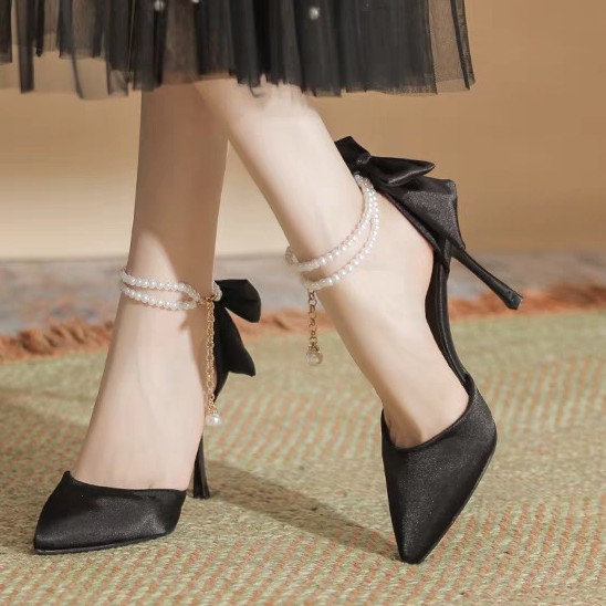 Pointed-toe Women's Shoes, New Autumn 2025 Model, A Single Strap, Pearl Bow, Fairy-style White High With Thin Heels_vogvips.com