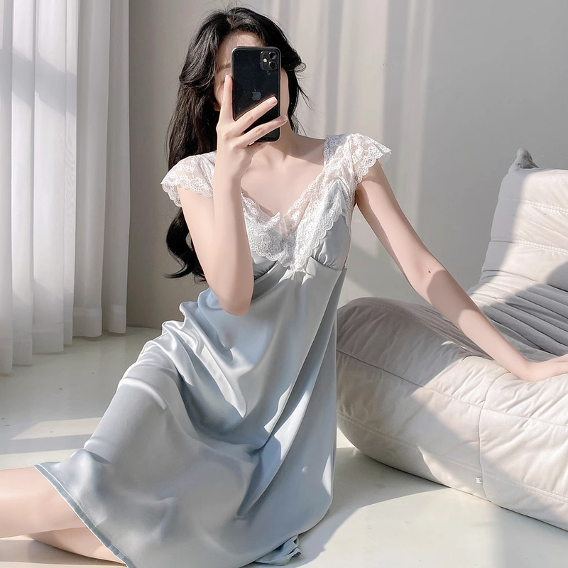 アイスシルクナイトガウン、高級レース、胸パッド付き、女性用の新しいパジャマ、夏のロングプリンセスガールの純粋な欲望のホーム服|undefined