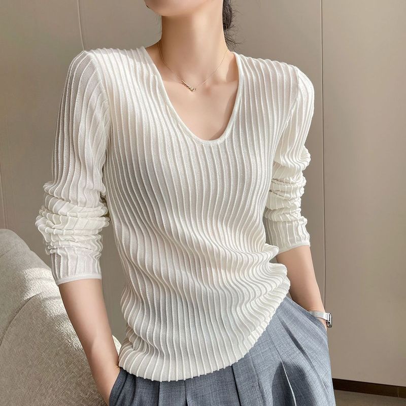 秋季内搭针织打底衫女修身薄款2025新款时尚纹理大众设计针织毛衣|undefined