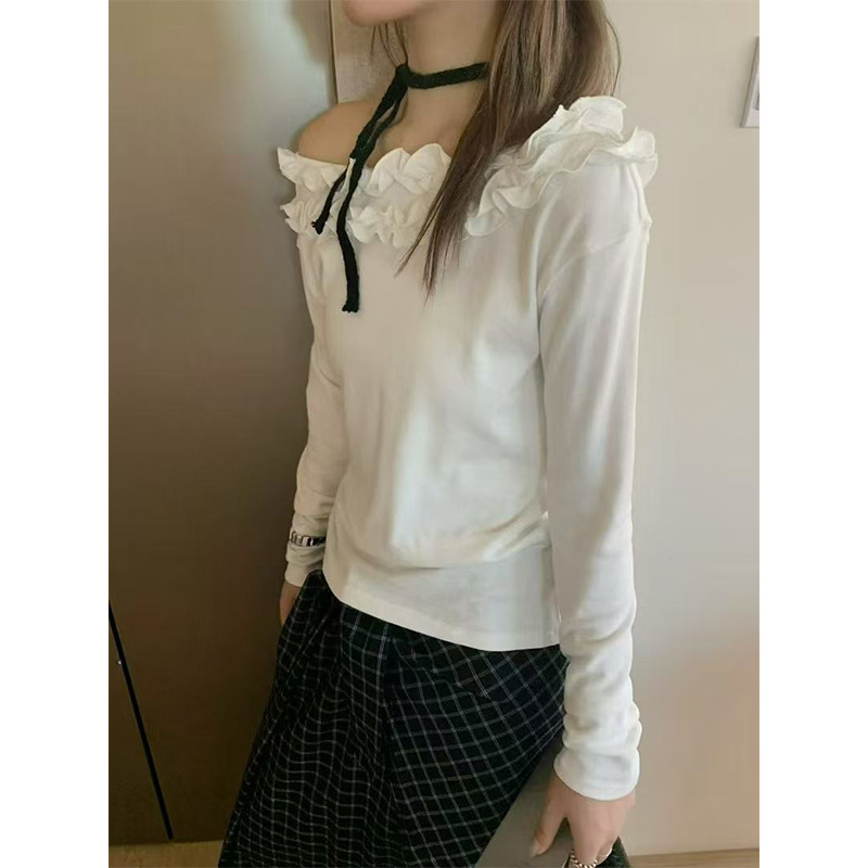 十三行2025秋新款一字肩木耳边T恤女装设计感小众修身显瘦长袖T恤|undefined