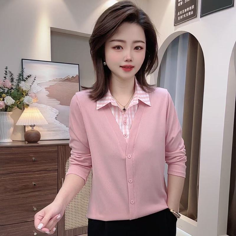 2025翻领减龄百搭春夏新款女装衬衫显瘦拼接格子领假两件女士上衣|undefined